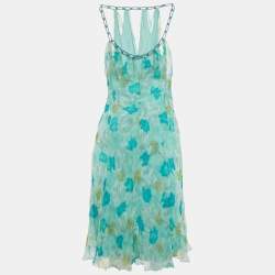 Alberta Ferretti Blue Abstract Print Silk Blend Sleeveless Midi Dress S