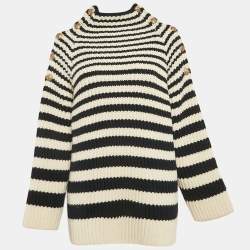Alberta Ferretti Blue/White Rib Knit Buttoned Cold-Shoulder Sweater M
