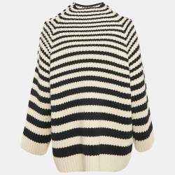 Alberta Ferretti Blue/White Rib Knit Buttoned Cold-Shoulder Sweater M
