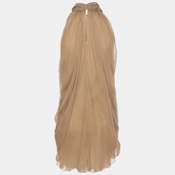 Pre Owned Alberta Ferreti Beige Chiffon Braided Crystal Embellishment Halter Neck Top M