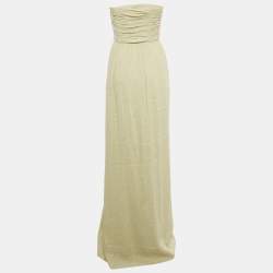 Pre Owned Alberta Ferretti Light Green Linen Gathered Strapless Maxi Dress M