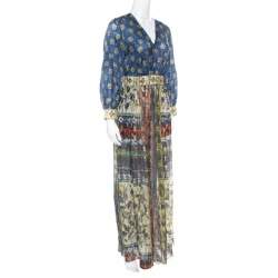 Alberta Ferretti Printed Silk Lurex Jacquard Peasant Sleeve Maxi Dress S