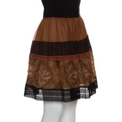 Pre Owned Alberta Ferretti Brown Silk Colorblock Lace Panel Detail Gathered Skirt L