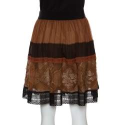 Pre Owned Alberta Ferretti Brown Silk Colorblock Lace Panel Detail Gathered Skirt L