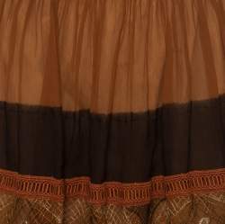 Pre Owned Alberta Ferretti Brown Silk Colorblock Lace Panel Detail Gathered Skirt L