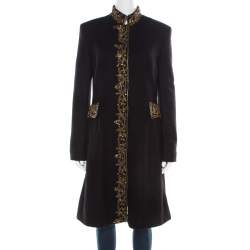 Alberta Ferretti Black and Gold Embellished Felted Wool Stand Collar Overcoat M