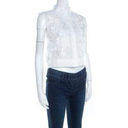 Pre Owned Alberta Ferretti Off White Floral Embroidered Sheer Cotton Sleeveless Crop Shirt S