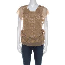 Alberta Ferretti Beige Chiffon and Lace Overlay Top S 