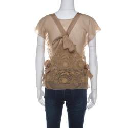 Alberta Ferretti Beige Chiffon and Lace Overlay Top S 