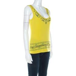 Alberta Ferretti Yellow Paisley Printed Cotton Sequin Detail Top L 