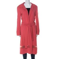Alberta Ferretti Coral Pink Sheer Panel Insert Belted Long Coat M