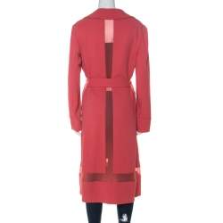 Alberta Ferretti Coral Pink Sheer Panel Insert Belted Long Coat M