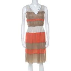 Alberta Ferretti Colorblock Striped Silk Pleated Sleeveless Dress M