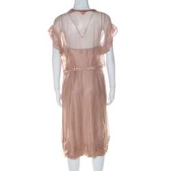 Pre Owned Alberta Ferretti Blush Pink Silk Chiffon Lace Detail Dress L