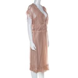 Pre Owned Alberta Ferretti Blush Pink Silk Chiffon Lace Detail Dress L