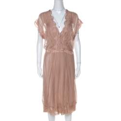 Pre Owned Alberta Ferretti Blush Pink Silk Chiffon Lace Detail Dress L