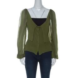 Pre Owned Alberta Ferretti Olive Green Silk Pleated Sleeve Detail Button Front Blouse M 