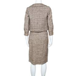 Alberta Ferretti Brown Tweed Short Blazer and Knee Length Skirt Set S