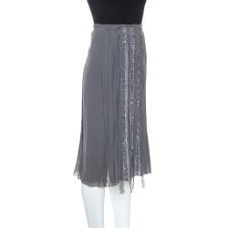 Alberta Ferretti Grey Silk Sequin Embellished Pleated Midi Skirt S