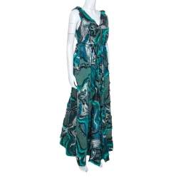 Alberta Ferretti Green Lurex Jacquard Fringed Detail Gown M