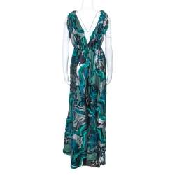 Alberta Ferretti Green Lurex Jacquard Fringed Detail Gown M