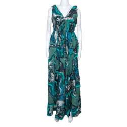Alberta Ferretti Green Lurex Jacquard Fringed Detail Gown M