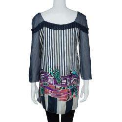 Alberta Ferretti Multicolor Print Sheer Sleeve Silk Blouse M