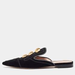 Alberto Fermani Black Velvet Buttons Embellished Flat Mules Size 38