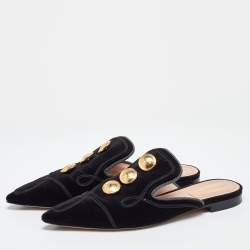 Alberto Fermani Black Velvet Buttons Embellished Flat Mules Size 38