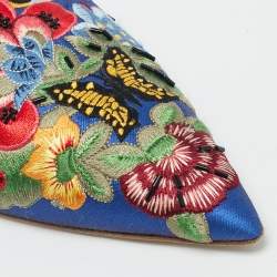 Pre Owned Alberto Fermani Blue Canvas Floral Embroidered Mules Size 38