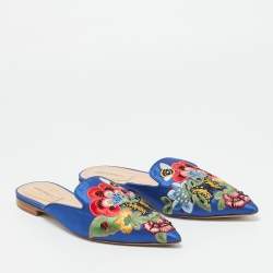 Pre Owned Alberto Fermani Blue Canvas Floral Embroidered Mules Size 38