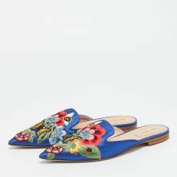Pre Owned Alberto Fermani Blue Canvas Floral Embroidered Mules Size 38