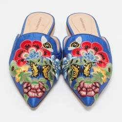 Pre Owned Alberto Fermani Blue Canvas Floral Embroidered Mules Size 38