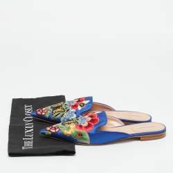 Pre Owned Alberto Fermani Blue Canvas Floral Embroidered Mules Size 38