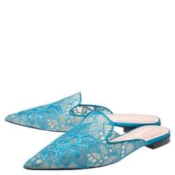 Alberta Ferretti Blue Lace And Satin Trim Flat Mules Size 40