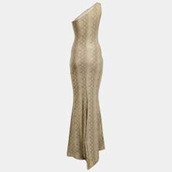 Alek Adorian Couture Beige Snake Print Jersey Asymmetric One-Shoulder Maxi Dress S