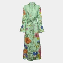 Alemais Green Olivia Floral Print Linen Shirt Maxi Dress M