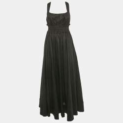Alemais Black Linen Shirring Gathered Maxi Dress S