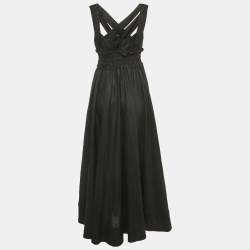 Alemais Black Linen Shirring Gathered Maxi Dress S