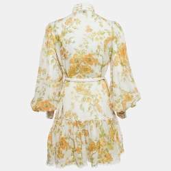 Alemais Yellow/Multicolor Floral Print Ramie Belted Flounce Mini Dress M