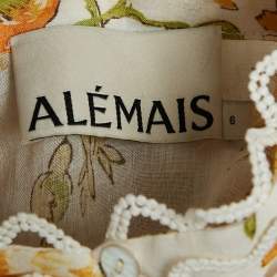 Alemais Yellow/Multicolor Floral Print Ramie Belted Flounce Mini Dress M