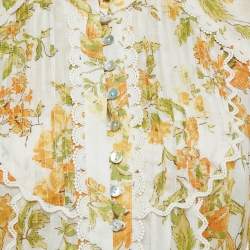 Alemais Yellow/Multicolor Floral Print Ramie Belted Flounce Mini Dress M