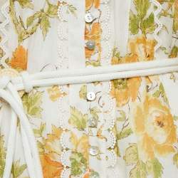 Alemais Yellow/Multicolor Floral Print Ramie Belted Flounce Mini Dress M