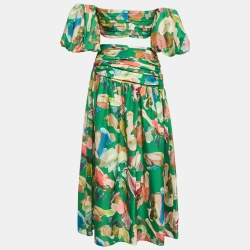 Alemais Green Abstract Print Silk Arlo Top and Midi Skirt Set M