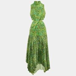 Alemais Green Abstract Print Cotton Asymmetric Cut-Out Dress M