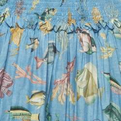 Pre Owned Alemais Blue Fish Print Cotton Tiered Maxi Skirt M