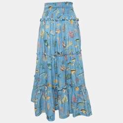 Pre Owned Alemais Blue Fish Print Cotton Tiered Maxi Skirt M