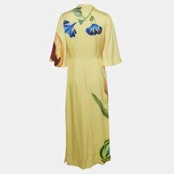 Pre Owned Alemais Lemon Yellow Floral Print Satin Maxi Dress M