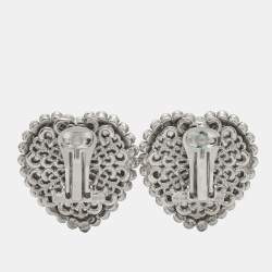 Pre Owned Alessandra Rich Heart Crystals Silver Tone Earrings