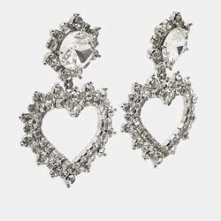 Pre Owned Alessandra Rich Heart Crystals Silver Tone Earrings